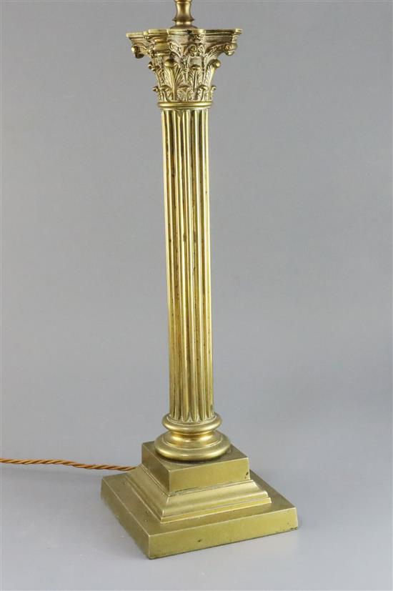A late Victorian brass corinthian column table lamp, 20in.